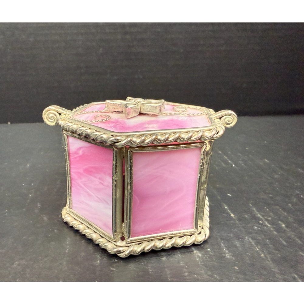 Stained Glass Trinket Box Hexagon Pink Flower Star Top Etched Glass Bottom - Picture 5 of 10